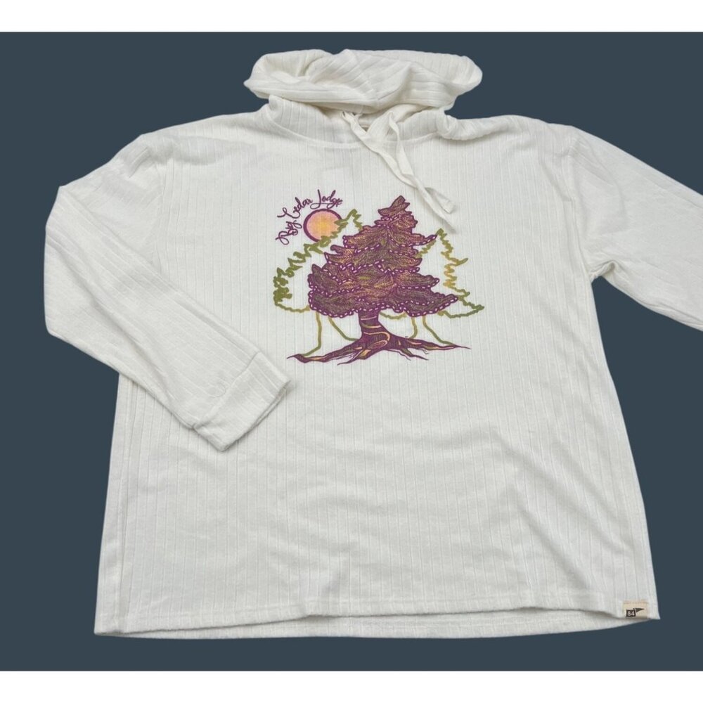 Blue 84 Ivory Long-Sleeve Hoodie Ribbed‎ Vibrant Tree Design Women's size Large